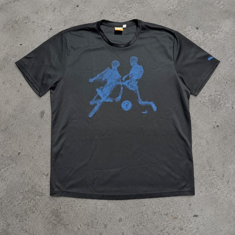 Y2K Rare 2000’s Puma black skeleton soccer tee with blue graphic of two skeleton